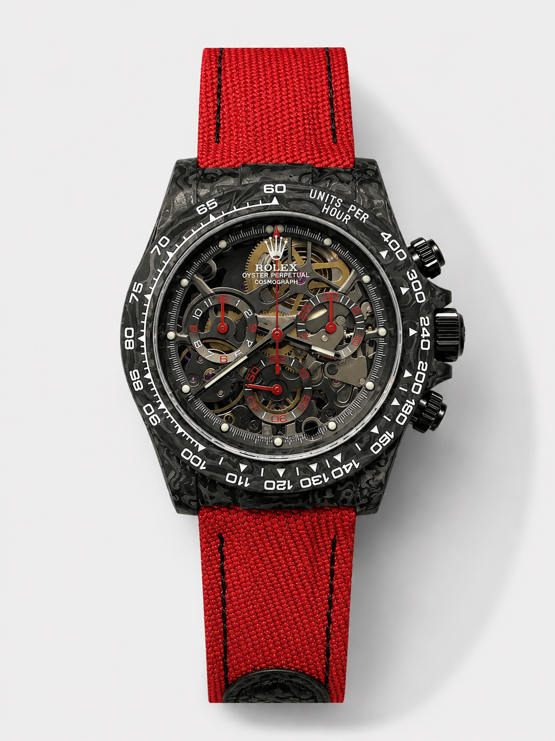 GW-A91E8D99 product image Rolex Daytona DiW Skeleton Carbon Edition Watch – Forged Carbon Casing Red Strap 1:1 Mirror Replica - Image 1