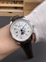 Longines 1:1 Replica Watch – Silver Dial with Barleycorn Pattern, Mechanical Movement, and Leather Strap - Image 10