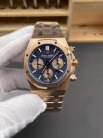 Audemars Piguet Royal Oak Chronograph Rose Gold Blue Dial Steel Strap Swiss Replica Watch - Image 3
