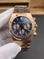 Audemars Piguet Royal Oak Chronograph Rose Gold Blue Dial Steel Strap Swiss Replica Watch - Image 2
