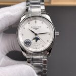 Longines Master Collection Swiss-style replica watch with automatic movement, moon phase, and white dial (steel bracelet)