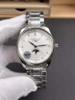 Longines Master Collection Swiss-style replica watch with automatic movement, moon phase, and white dial (steel bracelet)